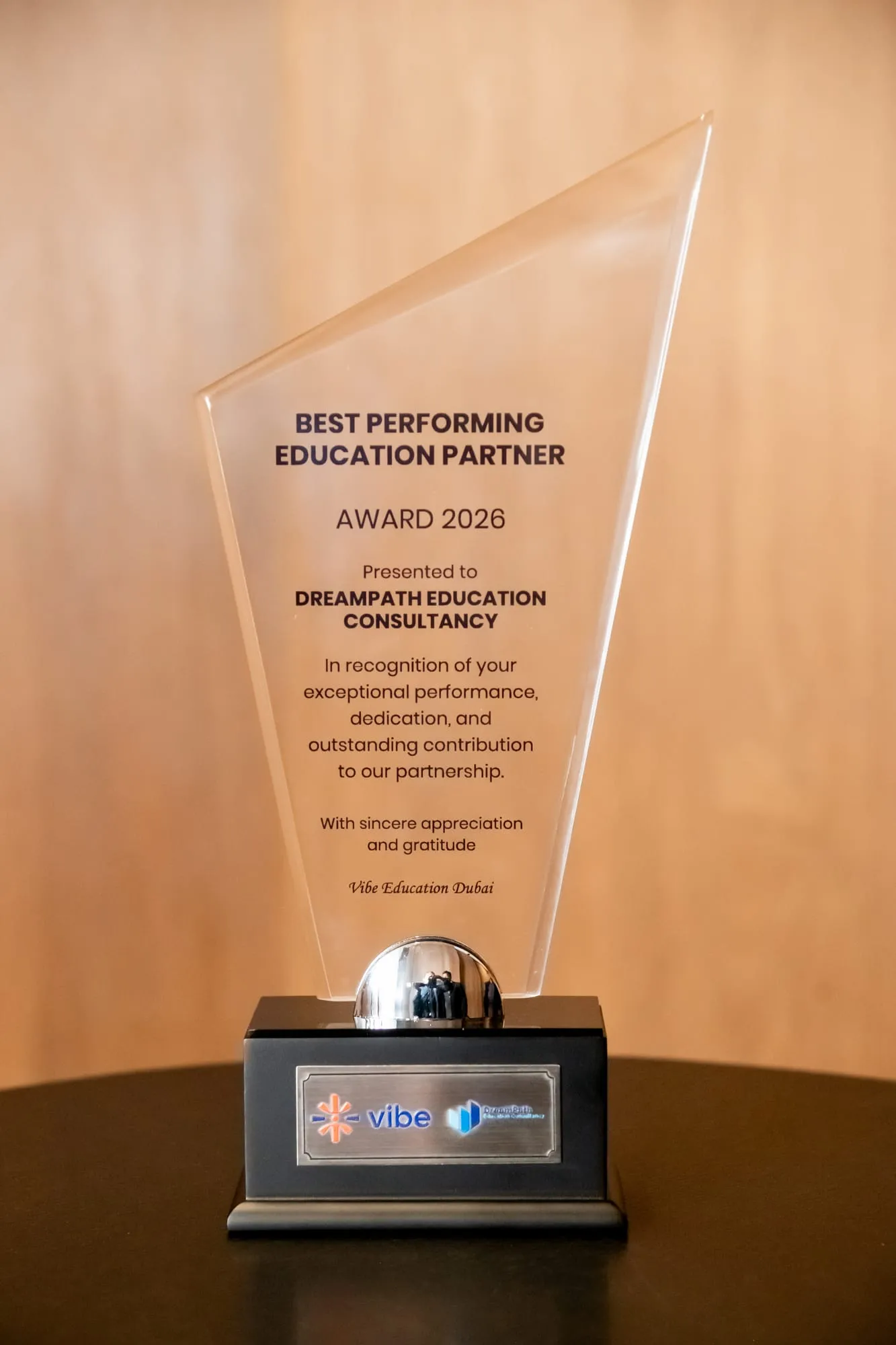 Vibe Education's Best Performing Education Partner 2026 trophy, presented to DreamPath Education Consultancy