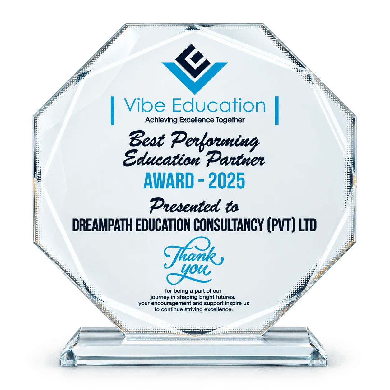 Vibe Education's Best Performing Education Partner 2025 award, presented to DreamPath
