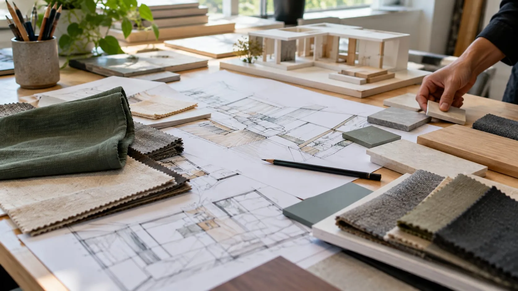 A design studio table with sketches, swatches and a model