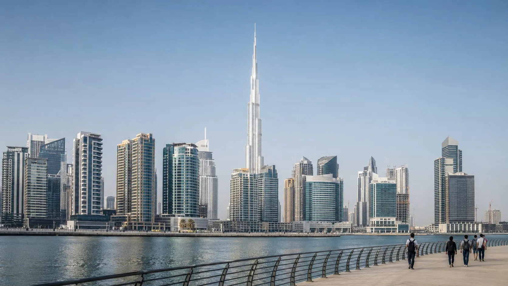 The Dubai skyline across the water, with the Burj Khalifa in the middle