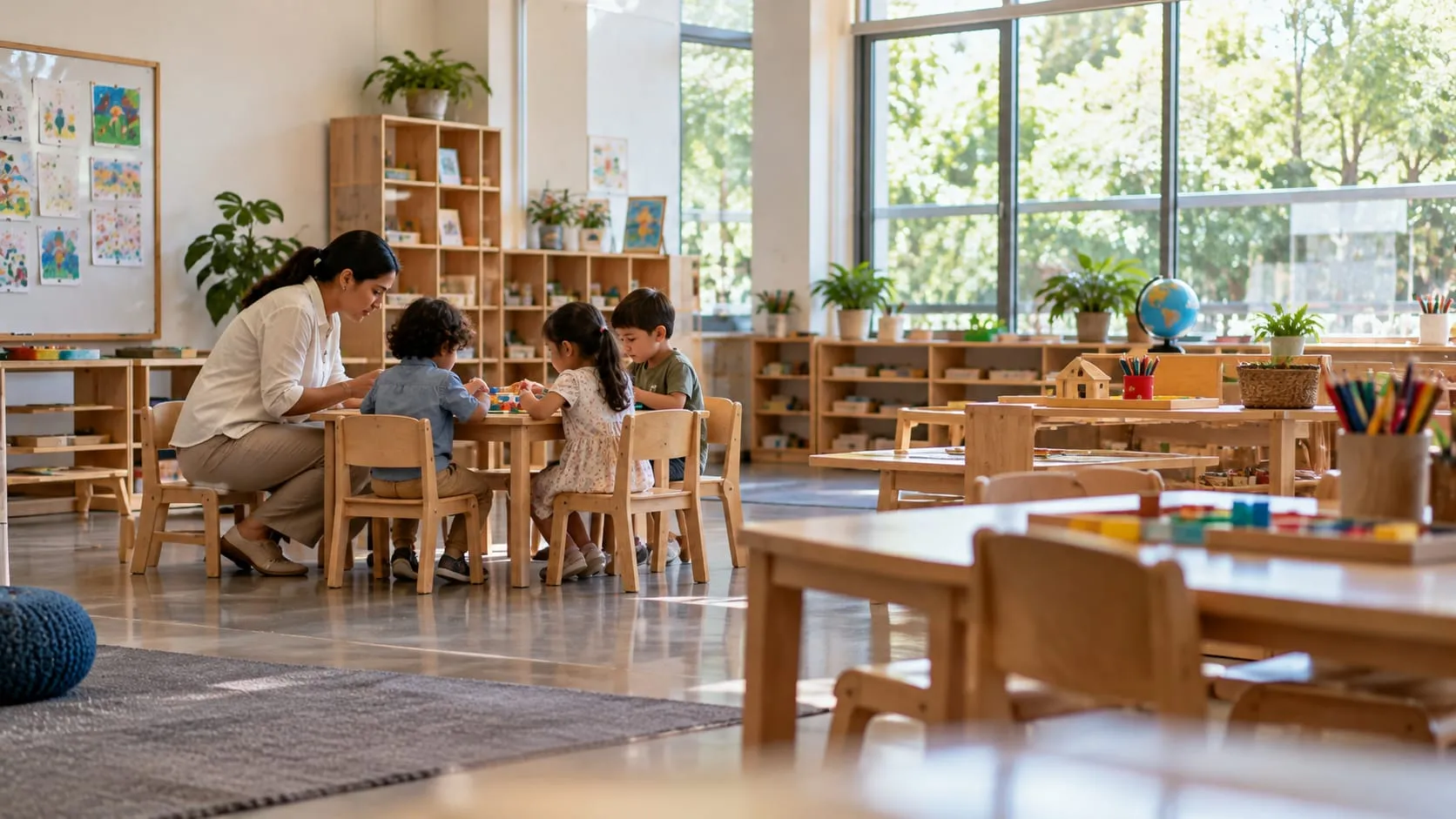 A teacher helping a small group of children at a table