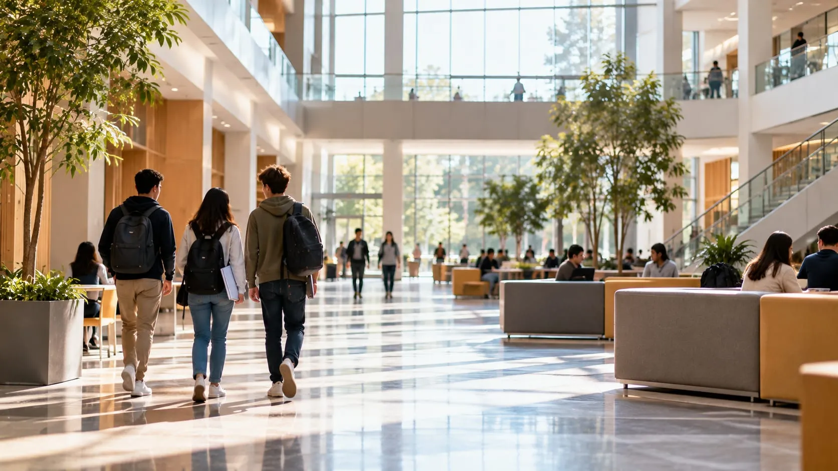 Students walking through a university atrium