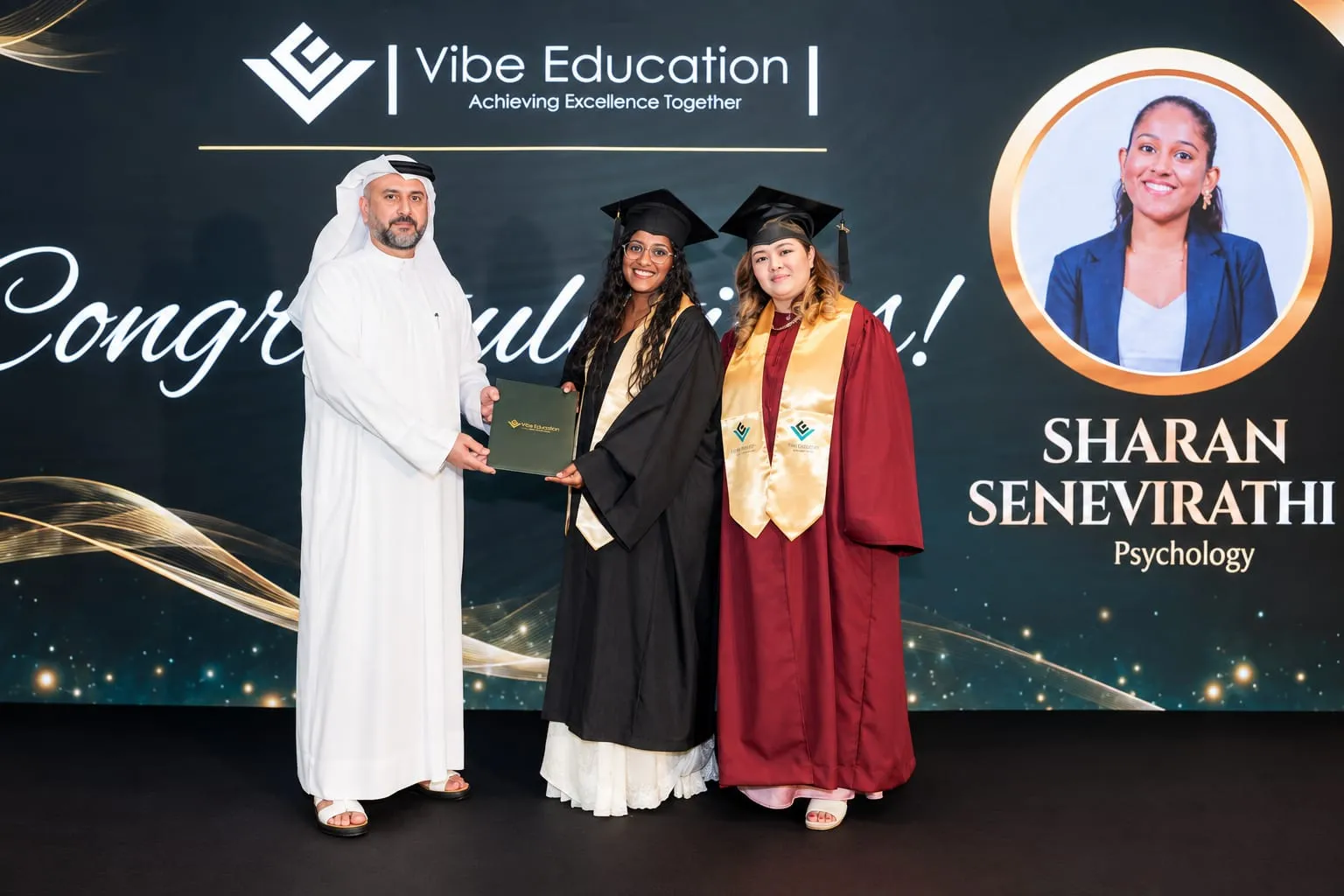 Sharan Senevirathne receiving her certificate on stage at the Vibe Education graduation ceremony