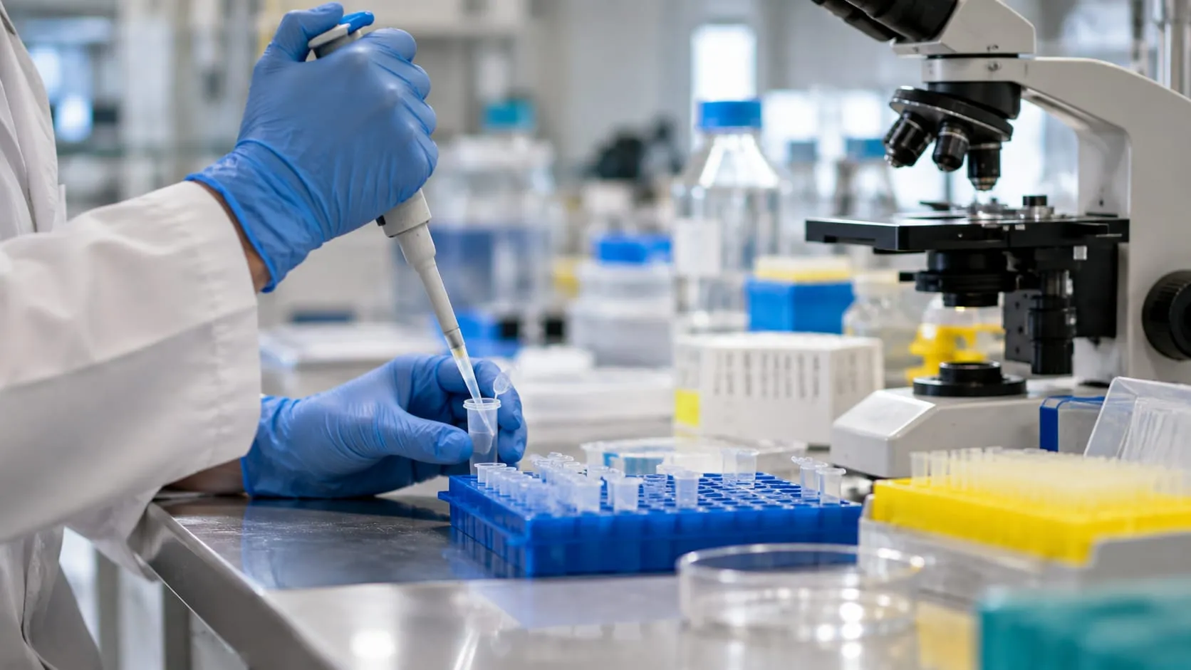 Gloved hands working at a laboratory bench
