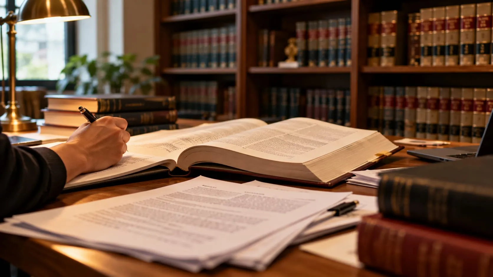An open law book and case papers on a desk