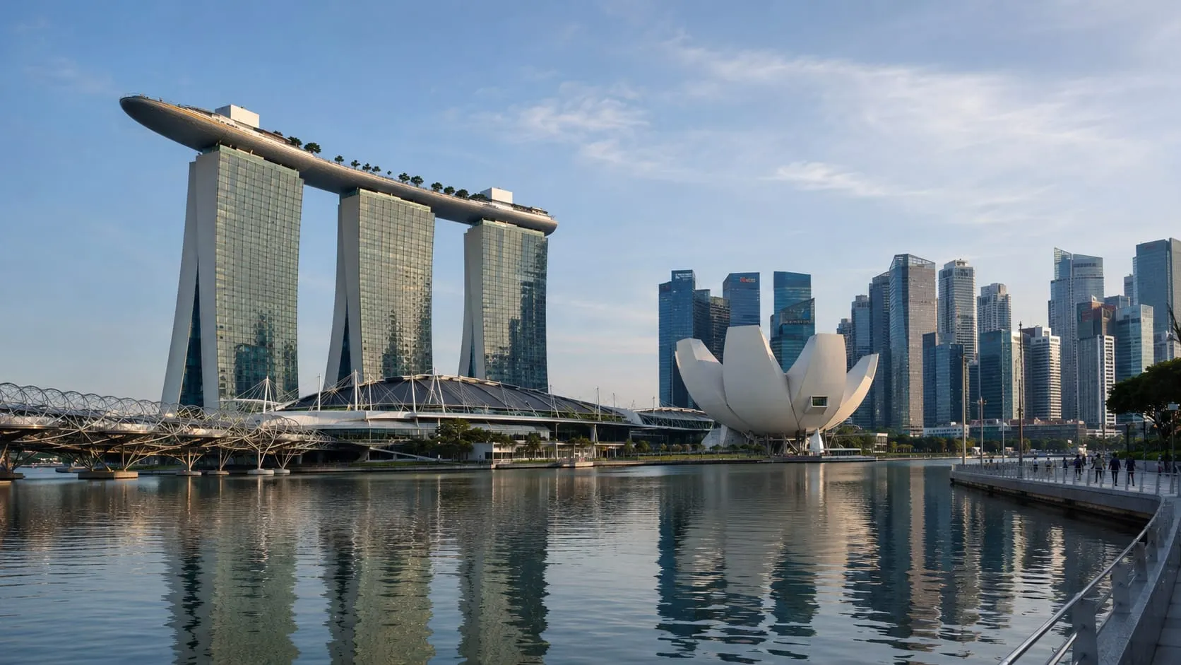 The Marina Bay waterfront in Singapore, with Marina Bay Sands on the left